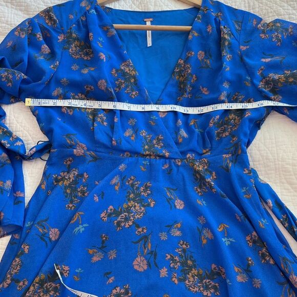 Free People Lilou Printed Mini Dress Fairy Boho Bell Sleeve Cobalt Blue Small - Picture 7 of 12